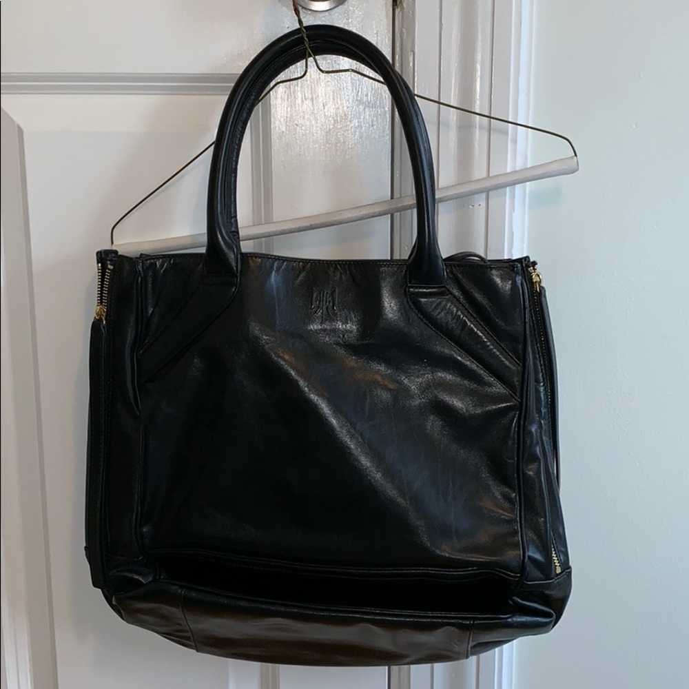 black leather tusk tote bag